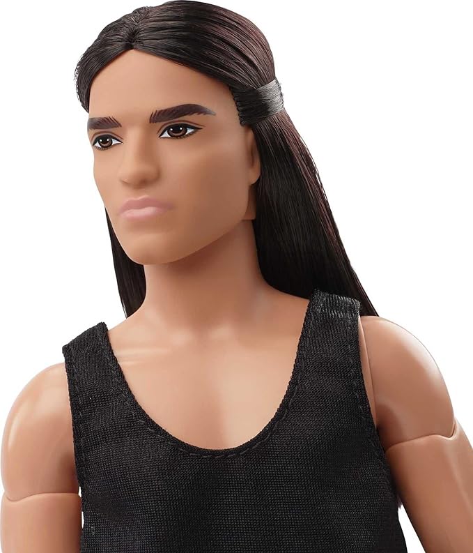 Barbie Signature Looks Ken Doll (Long Brunette Hair) Fully Posable Fashion Doll Wearing Black Tank Top & Metallic Pants, Gift for Collectors