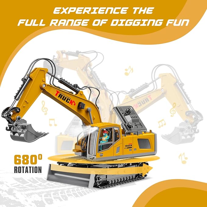 Remote Control Excavator Toys for Ages 6-12 Boys, 13 Channel RC Excavator Construction Toys with Metal Shovel, Spray, Lighting, Sounds, Birthday Gifts for Kids 5-7 8 9 10 11 Year Old