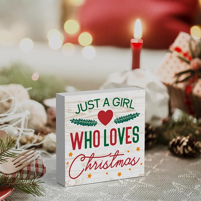 Rustic Just A Girl Who Loves Christmas Tree Wood Box Sign, Farmhouse Christmas Santa Artwork Decor, Wood Square Sign Desk Block Signs Home Shelf Office Decoration 5 x 5 Inches