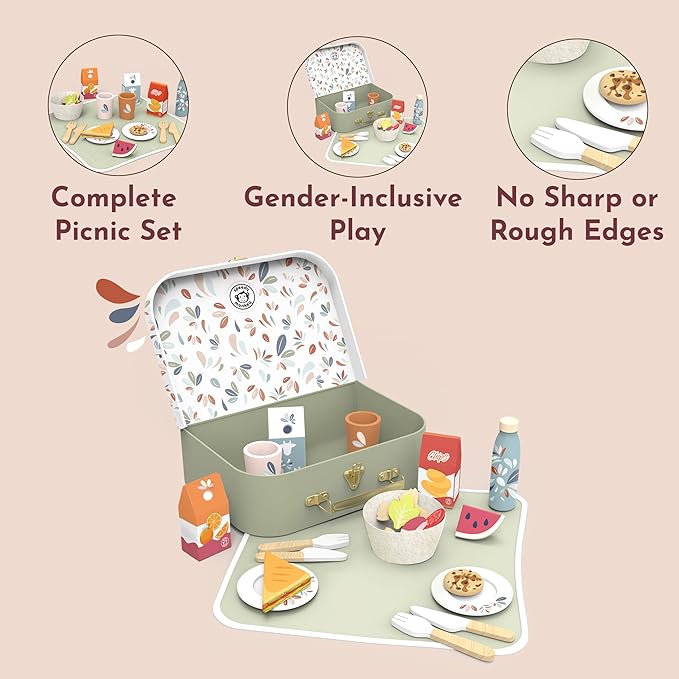 SPEEDY MONKEY Wooden Picnic Basket Playset – FSC Certified Pretend Play Food & Fruit Toy for Toddlers & Preschoolers, Outdoor Picnic Travel Adventure, Kitchen Role Play Set for Boys & Girls