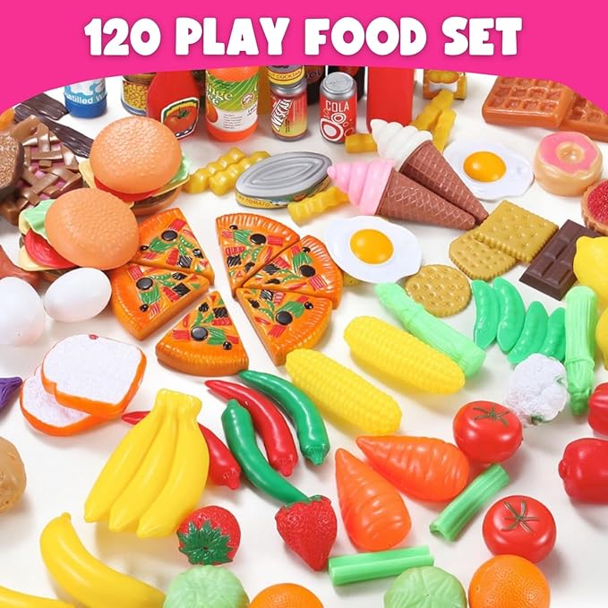 120 Piece Deluxe Pretend Play Food Toy Tasty Treats Plastic Cooking and Grocery Shopping Assortment Set