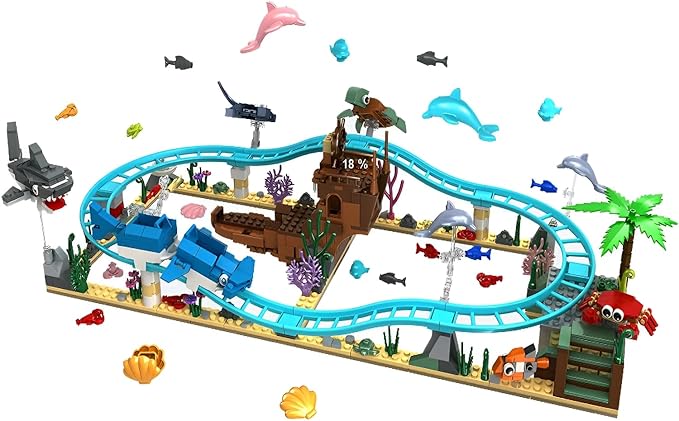 Ocean Roller Coaster Adventure Park Building Set, Friends Blocks Kit with Submarine & Dolphins Railcar Rollercoaster, Gift for Kids Birthday Children's Day Christmas