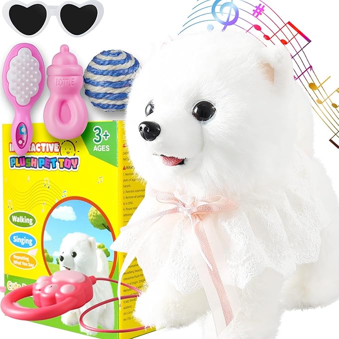 Samoyed Walking Barking Dog for Kids Interactive Musical Puppy Robot Repeats What You Say, Realistic Licking Tongue Wagging Tail Remote Control Toddler Toys for Girls and Boys Birthday Gifts