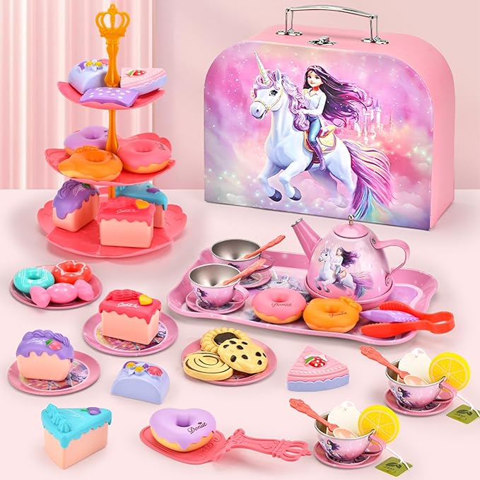 Toddlers Unicorn Tea Party Set for Little Girls, Pretend Tin Teapot Set, Princess Tea Time Play Kitchen Toy with Dessert, Doughnut, Carrying Case for Birthday Easter Gifts Age 3 4 5 6