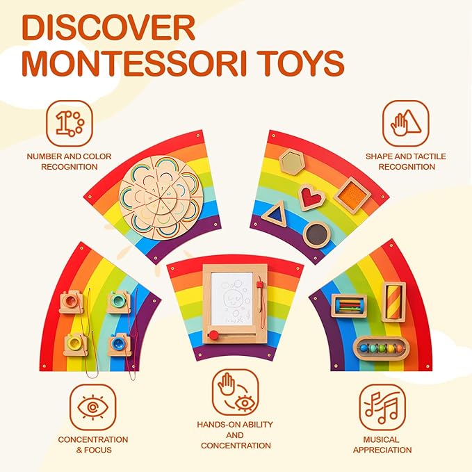 Monläurd® Wooden Rainbow Busy Board - Sensory Wall Activity Panel for Toddlers & Babies, Fine Motor Skills Development, Educational Screen-Free Toy for Playroom, Nursery, Daycare