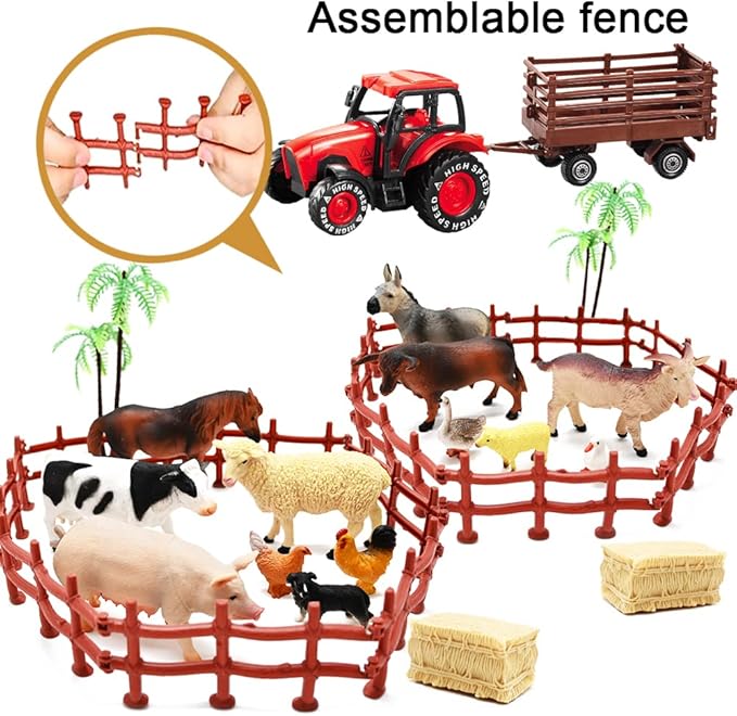 Kimicare 3 Pack Farm Toy Tractor with 40pcs Plastic Farm Animals Figurines and Fence Farm Playset, Farm Figures Farmer Vehicle Toy Truck with Trailer for 3-12 Years Old Kids Boys Girls Toddlers