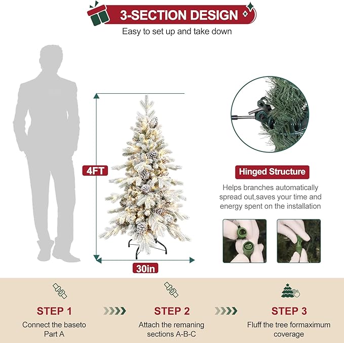 4 FT Pre-Lit Snow Flocked Slim Fir Christmas Tree with 455 PE & PVC Mixed Branch Tips,Artificial Skinny Pencil Xmas Tree with 200 Warm-White Lights & 19 Pine Cones,Hinged Pine Tree with Metal Stand