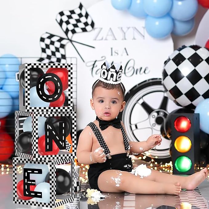 Fast ONE Birthday Decorations for Boys, Race Car Letters Boxes with Balloons, ONE Blocks for First lap around the track Formula one Theme 1st Birthday Photoshoot Props