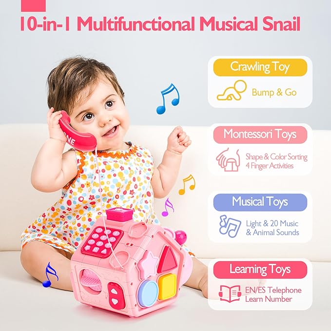hahaland Baby Toys 6-12 Months, Musical Crawling Toys 6-18 Month Snail Toys for 1 Year Old Girl Gifts,Educational Toddler Toys Age 1-2 Busy Activity Cube, 1st Birthday Girl Gifts Toddler Gifts