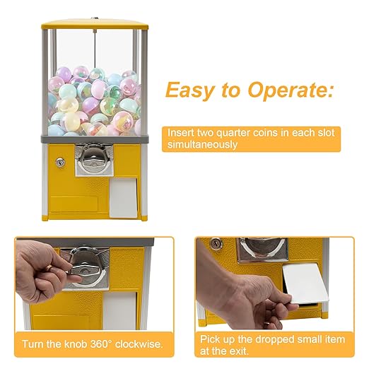 25 Cents Coin Operated Vending Machine, 20.87" Height Commercial Candy Gumball Machine Huge Load Capacity Candy Vending Machine, Big Capsule Vending Machine for 1.77-1.97in Ball Diameter (Yellow)