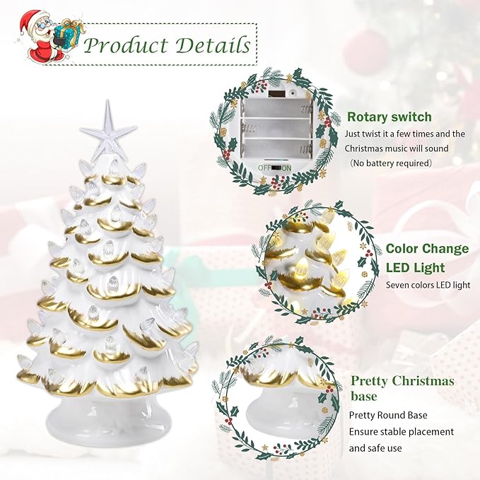 Small Ceramic Christmas Tree Hand-Painted Vintage Tabletop Christmas Tree White Golden Holiday Decoration with Multi-Color Lights 11 inch