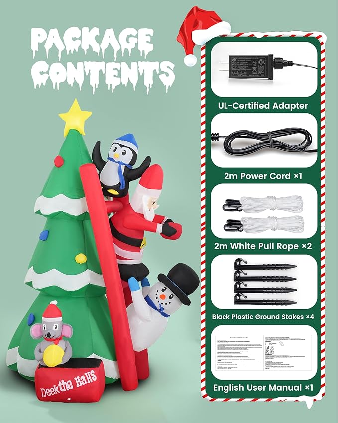 6FT Inflatable Christmas Tree with LED Lights, Blow Up Christmas with Penguin Snowman Santa and Mouse Outdoor Yard and Indoor Holiday Decor for Patio Garden Lawn