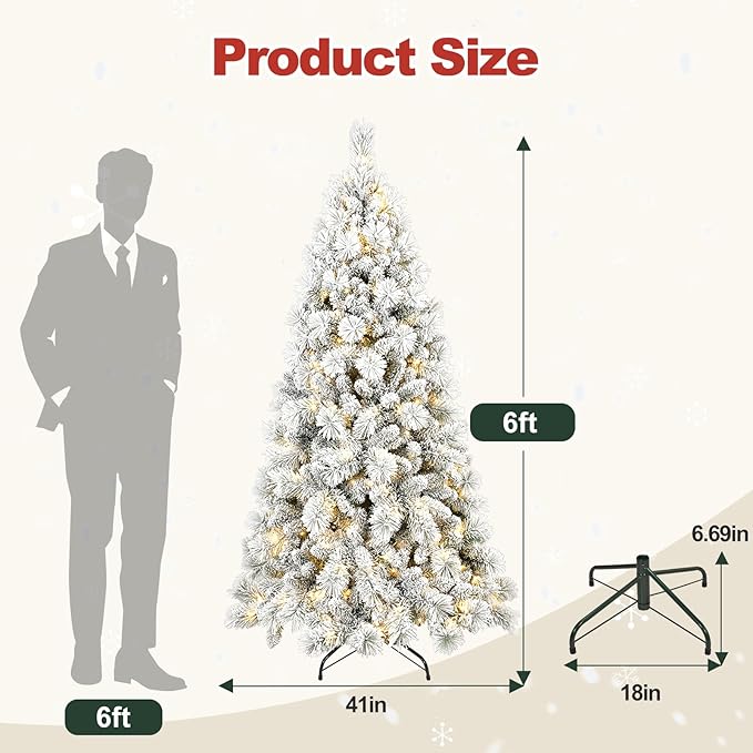 6 Ft Prelit Snow Flocked Christmas Tree with 350 Warm LED Lights, Premium Holiday Artificial Xmas Tree with 752 Realistic Branch Tips, Metal Stand for Indoor Home/Office Decor (Easy Assembly)