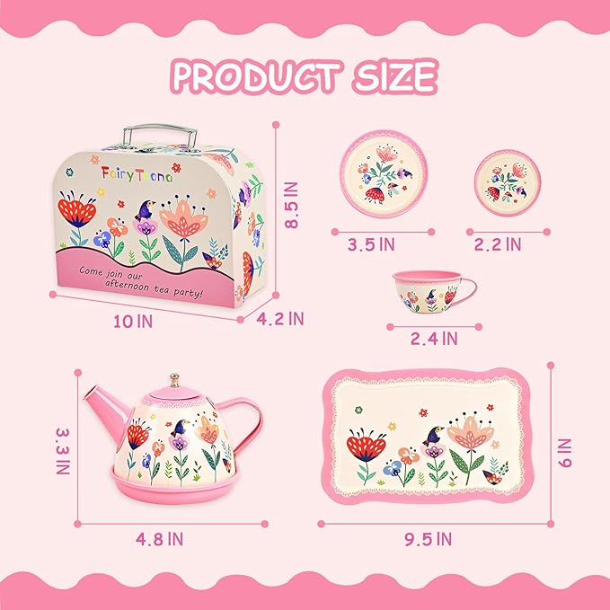 Floral Tea Party Set for Little Girls Ages 3-6, 15-Piece Pretend Play Kitchen Toys with Teapot, Cups, Plates & Storage Case, Princess Gift Set (Pink)