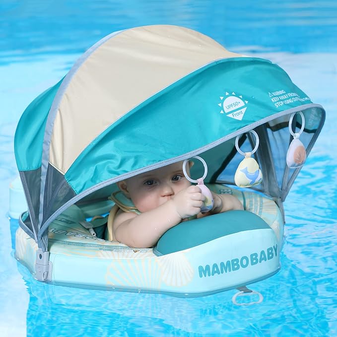 Mambobaby Float Add Tail Baby Swim Float with Canopy Solid Pool Infant Swim Trainer Swimming Training Lying Air Free Water Floats Non-Inflatable Waist Swim Ring for Toddlers (Shell - Purple)