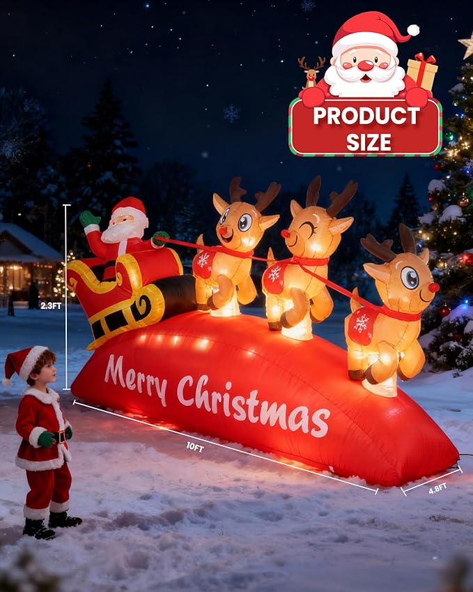 10 FT Christmas Inflatable Santa Sleigh with 3 Reindeer Outdoor Decoration, Blow Up Yard Decor with Bright LED Lights, Santa Claus Xmas Decor for Garden Lawn Backyard