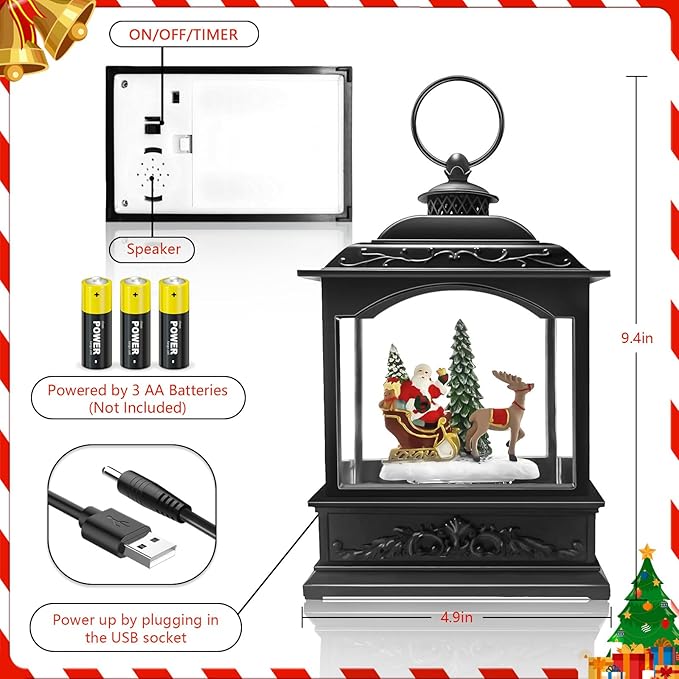 Musical Christmas Snow Globe Lantern with Santa Sleigh & Reindeer, Swirling Glitter Lighted Water Lantern, 6H Timer, USB or Battery Powered Holiday Decor