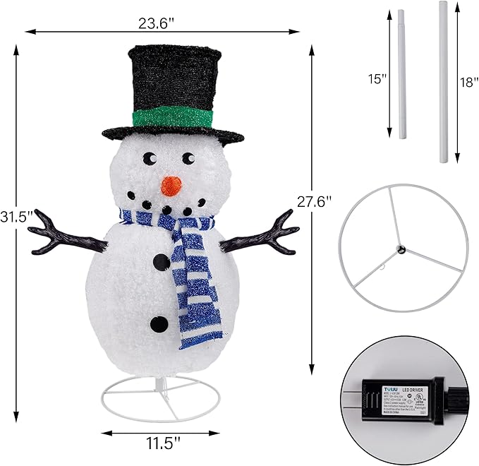 Dynaming 31.5 Inch Lighted Snowman Christmas Decorations, 45 LED Pre-Lit Light up Snowman with Top Hat, Collapsible Pop up Snowman for Outdoor Indoor Home Yard Garden Lawn Holiday Xmas Party