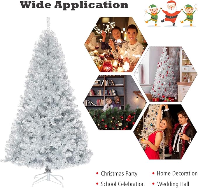 GOFLAME 7.5 FT Artificial Christmas Tree Hinged with 1258 Branch Tips, Silver Tinsel Christmas Tree with Metal Stand, Electroplated Technology for Indoor and Outdoor Holiday Decoration