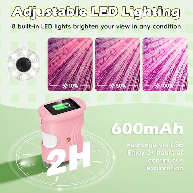 Kids Microscope Digital 1000X Zoom, Mini Pocket Handheld Microscope Portable Travel Toys, HD Photo & Video with 8GB SD Card, Christmas Birthday Gifts for Girls, STEM Toys for Toddlers Age 3-8