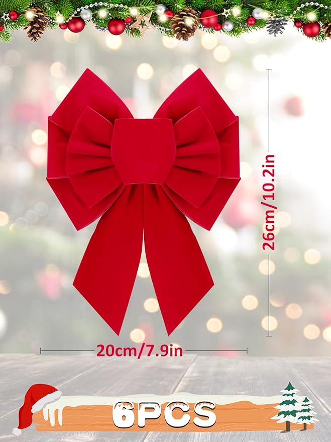 MEWTOGO 6 Pcs Small Red Bows Christmas Tree Decor - 10.2"×7.9" Velvet Red Bows with Golden Tie, Easy Hanging for Window/Stairs/Porch/Gifts Warp/Party Supplies