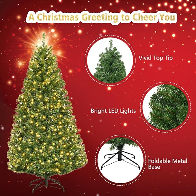 COSTWAY 5 FT Pre-lit Christmas Tree, Artificial Xmas Tree with 150 Warm White & Multicolored Lights, 11 Modes, 600 Branch Tips, Metal Support, Holiday Decoration Fake Tree for Home, Office, Party