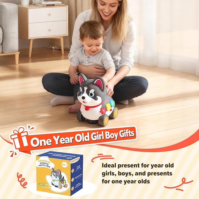 Toddler Toys for 6-12-18 Month, 3-in-1 Musical Puppy Toy, Crawling & Walking Toys for 1 Year Old Boy Girl Gifts, Bilingual Learning Educational for 7 8 9 10 Months Developmental Toy