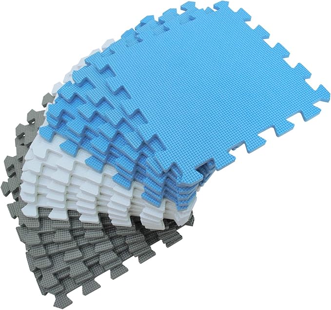 meiqicool Foam Play Mat Thick Soft EVA Interlocking Foam Floor Mats Children Yoga Exercise Multi Jigsaw Puzzle Blocking Board Kids Playmats Play White-Blue-Grey 18 Piece AGL