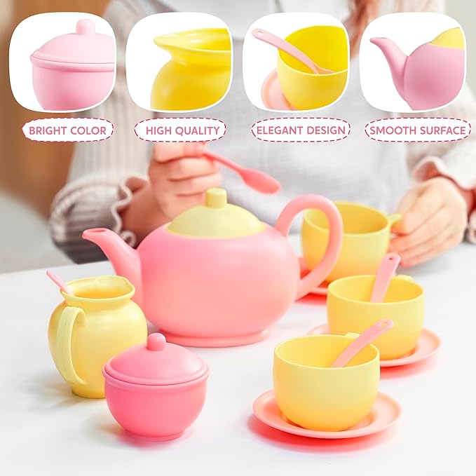 JOYIN 18PCS Pretend Tea Party Set, Pink Plastic Tea Set, Mini Kitchen for Kids, Gifts for Toddler Boys Girls, Gift for Christmas