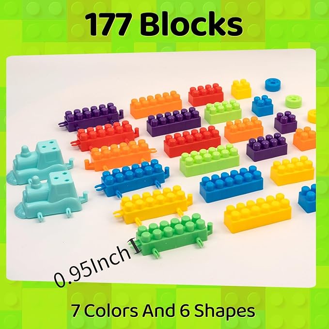 2025 Latest 177 PCS 1 * 1-1 * 3 Inch Large Building Blocks for Toddlers Ages – Brick Set with Cars & Baseplate, Educational STEM Toy for Kids,1 2 3 4 5 6 Blocks (177psc+2 Boards)