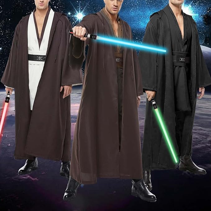 Men's Tunic Cosplay Costume with 2 PCS Light Up Saber Tunic Hooded Robe Full Set for Halloween Party