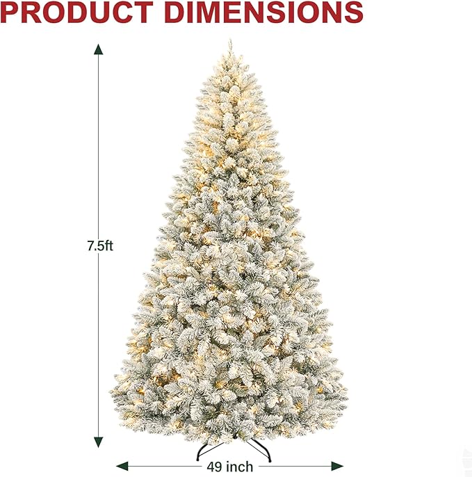 Hykolity 7.5 ft Snow Flocked Christmas Tree, 1446 Tips Artificial Christmas Tree with 450 Warm White Lights, Metal Stand and Hinged Branches