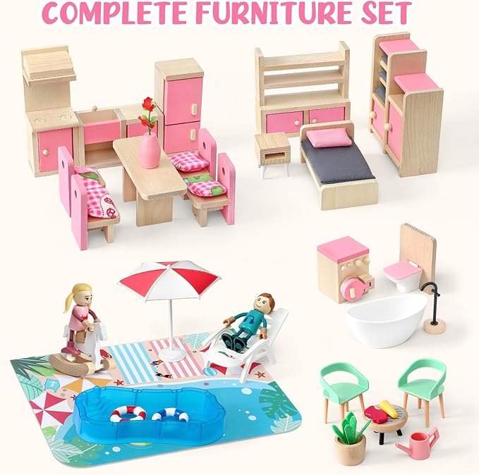 Atoylink Wooden Dollhouse with 42Pcs Miniature Doll House Accessories and Furniture Set, 4 Rooms & Balcony & Swimming Pool & Portable Handle Pretend Play Toys for Kids Girls Birthday Gifts