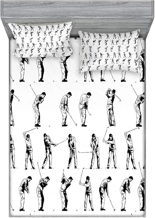 Ambesonne Golf Fitted Sheet & Pillow Sham Set, Golf Swing Shown in 14 Stages Sports Hobby Themed Sketch Art Storyboard Print, Decorative Printed 3 Piece Bedding Decor Set, Calking, White Charcoal