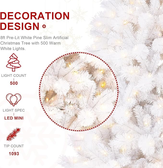 Glitzhome 8ft Pre-Lit Slim Artificial Christmas Tree, Aspen Frostfall Pine Hinged Holiday Xmas Tree with Foldable Metal Stand, 500 Warm White Lights, Ideal for Home, Office, Party Decoration