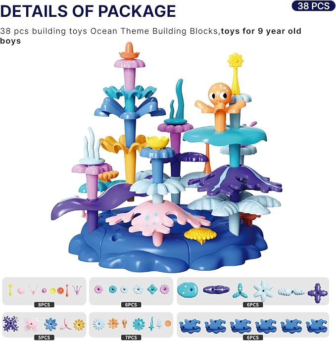 Coral Reef STEM Building Blocks for Small Groups - 38PC Educational Toys with Octopus, Creative Learning Kit for Preschool & Daycare Ages 3-5 (Ocean-World-L1)