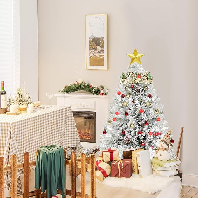 4FT Premium Artificial Christmas Tree, Snow Flocked Hinged Pine Tree w/800+ Snowflake Branches, Solid Metal Stand for Holiday Decoration Indoor Outdoor Use, Green