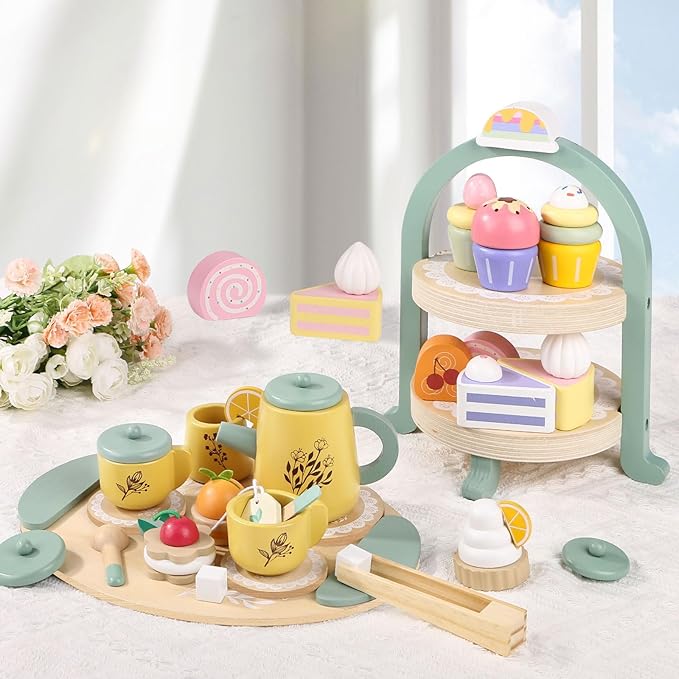 Wooden Tea Party Set for Little Girls, Toddler Tea Set with Cupcake Stand & Food Dessert, Pretend Play Food Kitchen Accessories for Kids Girls Age 2 3 4 5 6 Birthday Gift Wood Educational Toys