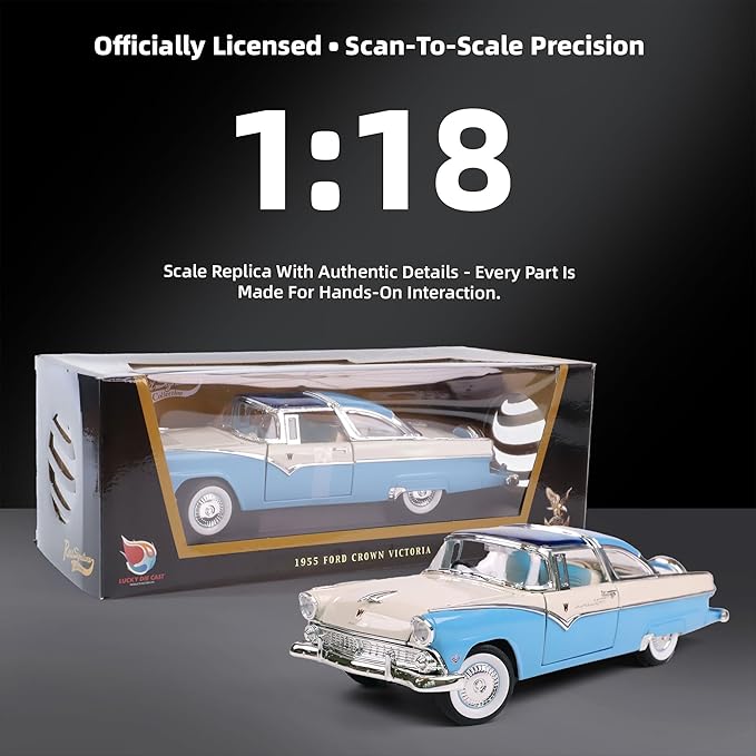 1955 Ford Crown Victoria 1/18 Scale Die-Cast Metal Model Premium Classic Vintage Alloy Cars with Display Case, with Opening Doors, Best Gift for Men, Dad & Kids 14+ Years (Blue)