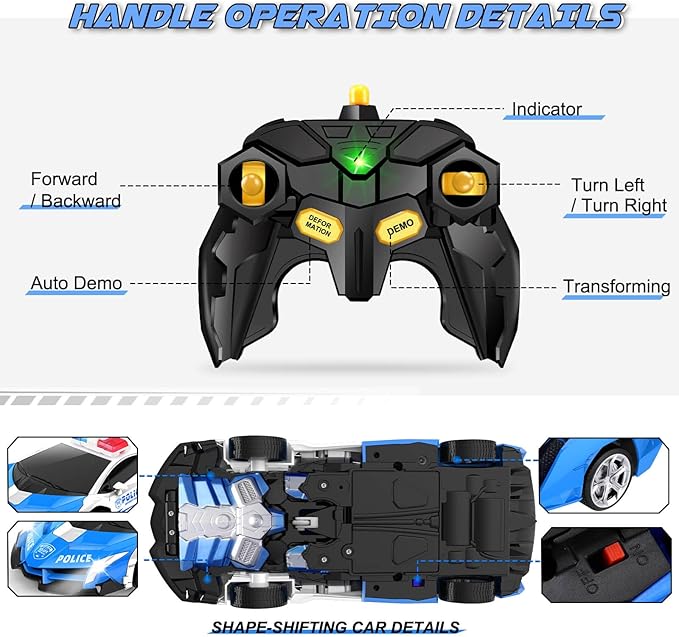 Transform Remote Control Car - Rc Cars, One-Button Transforming, 360° Rotation Drifting, 2.4ghz 1:18 Scale, Gift Kids Aged 4-6 Year Old Boys/Girls, Police Car Blue