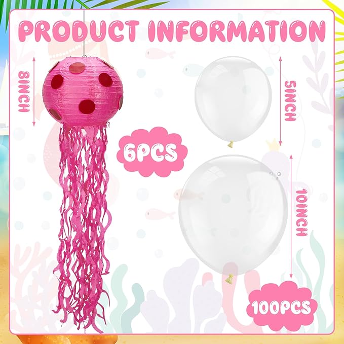 6 Set Sponge Party Hanging Jellyfish Decorations 8 Inch Jellyfish Paper Lanterns with 100 Pcs 5 Inch 10 Inch Clear Balloons Jellyfish Hanging Decor for Birthday Party Ocean Decorations