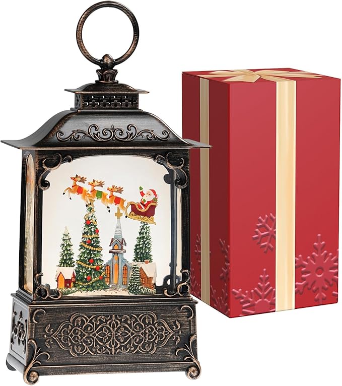 Christmas Snow Globe with Santa & Flying Reindeer Sleigh Church Sence, Light Up Christmas Snow Globes with Music Timer - Glitter Globe Indoor Christmas Decorations