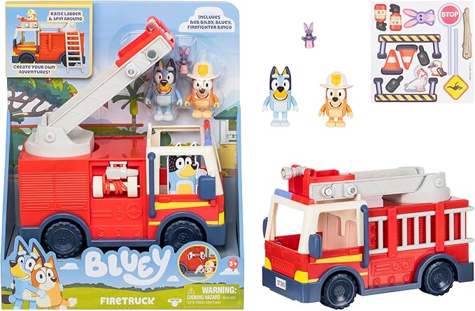 Bluey Firetruck Toy with Firefighter Bingo, Bob Bilby Figures | Extendable Ladder & Hose | Includes Stickers - Perfect for Kids Ages 3+