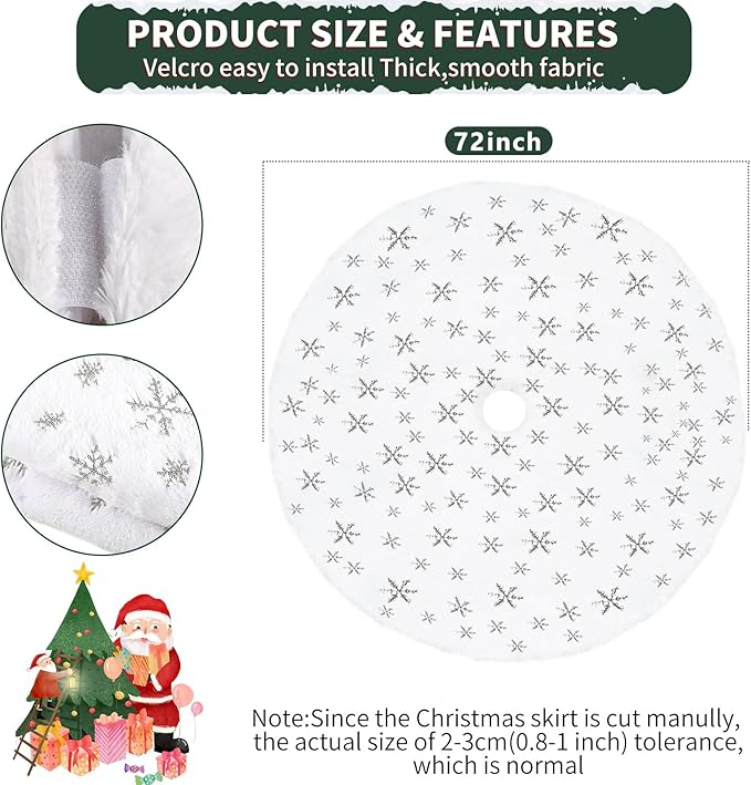 72 Inches Christmas Tree Skirt - Vonhen White Faur Fur Xmas Tree Skirts for Christmas Tree Holiday Party Decorations with Sequin Silver Snowflakes