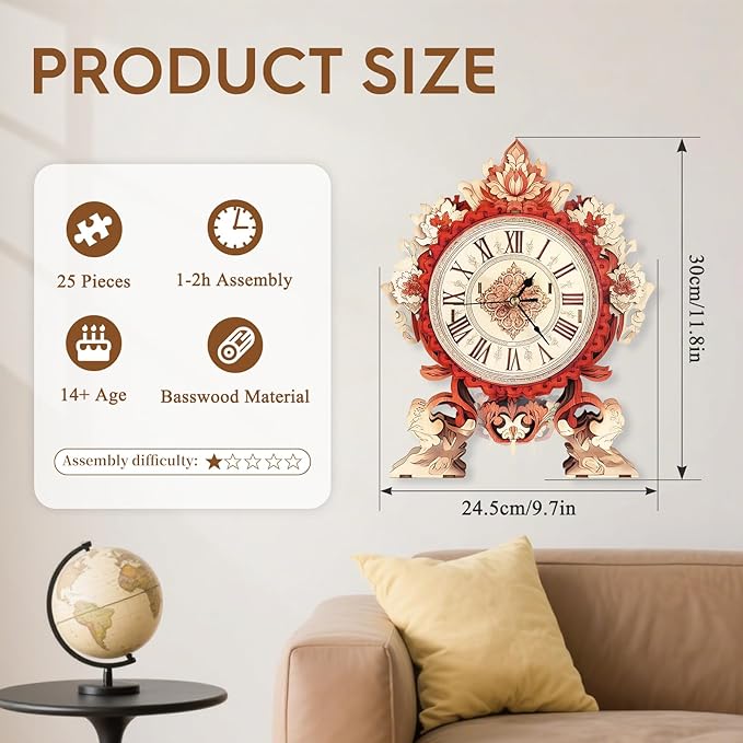 3D Puzzles for Adults Clock-Flame Flower Design Model Kit-Mechanical DIY Pendulum Clock with Roman Numerals-Desk Home Office Decor Personalized Gift for DIY Lovers