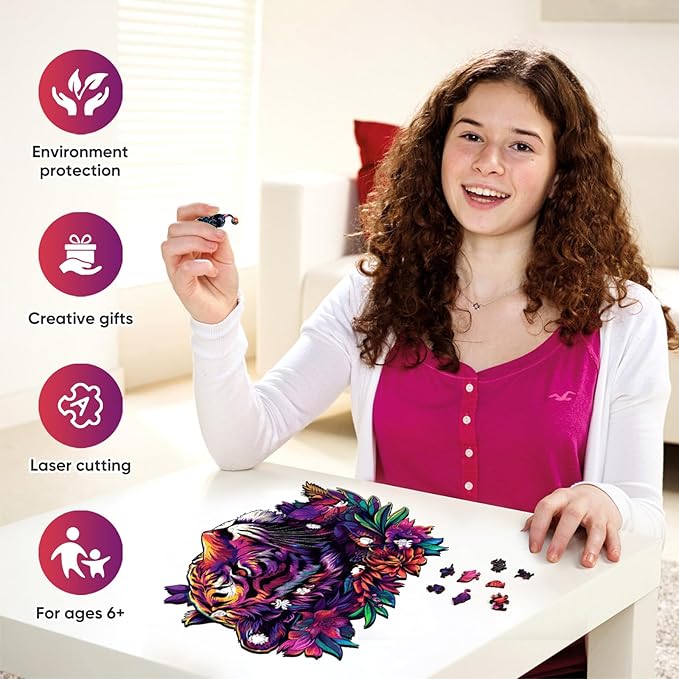 Original Wooden Jigsaw Puzzles-Tiger,200pcs,10x12.6in,Medium,Wooden Puzzles for Adults,Unique Shape Animal Adult Puzzles,Irregular Wood Puzzles Best Gift for Adults and Kids Family Game