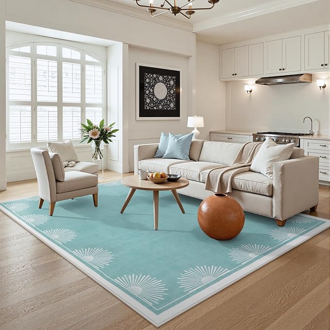 Modern Bedroom Rug 8x10 Under Bed, Low Pile Teal Washable Rugs for Living Room,Soft Sun Printed Large Rug,Aqua Dining Room Rugs for Under Table Classroom Dorm(8x10ft,Teal)