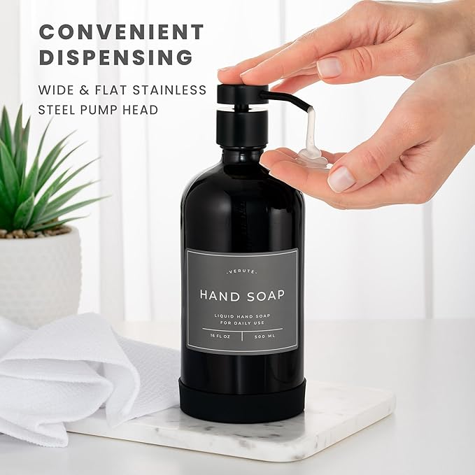 16oz Glass Soap Dispenser with Stainless Steel Pump, 21 Waterproof Labels, Non-Slip Protective Silicone Pad, Set of 2 for Bathroom & Kitchen (Gloss Black Bottle/Black Pump)
