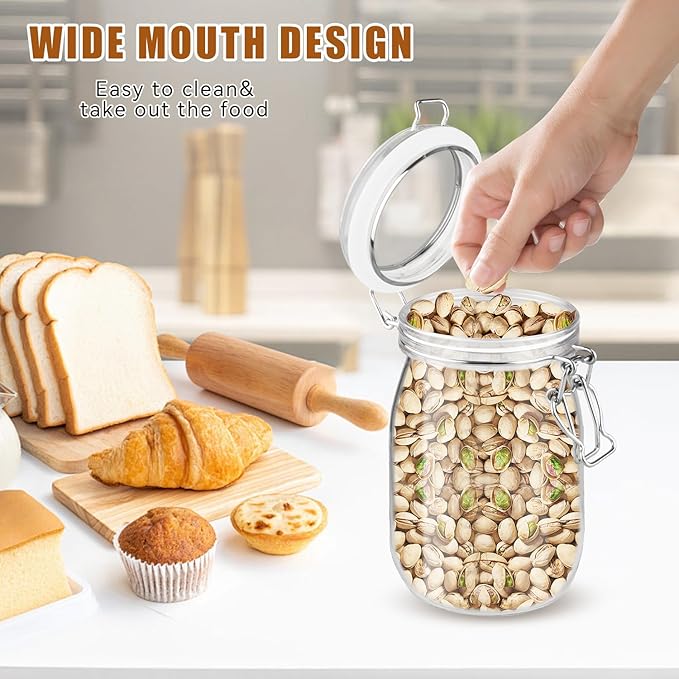 2 Pcs PET Plastic Storage Jar with Clamp Lid Empty Food Storage Container Bottle Large Refillable Canister For Nuts Sugar Coffee Candy Cookie Tea Spices And More (clear, 1000ml/33oz)
