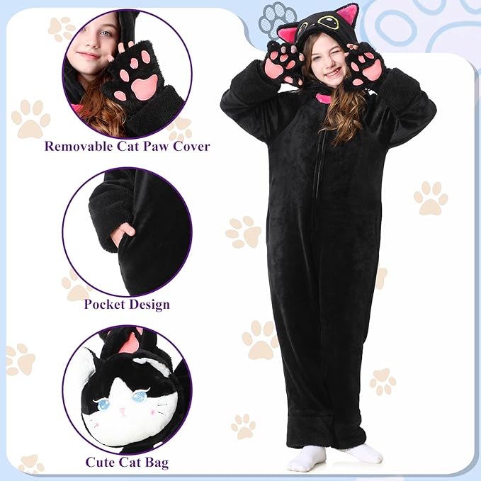 Resiwai Cat Costume for Girls and Boys, Animal Onesie Costumes with Bag and Cat Paws, Halloween Kitty Costume for Kids